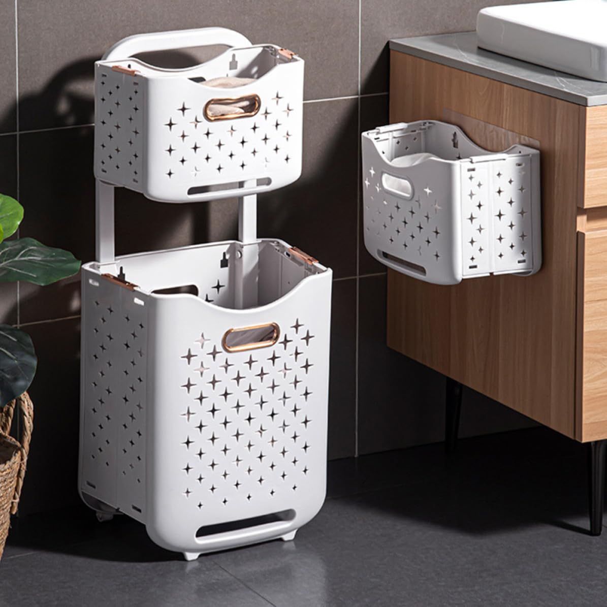 Cesto Portabiancheria Grande Capacità con Ruote e Freno Pieghevole a Doppio Strato in Plastica Contenitore Salvaspazio per Lavanderia e Bagno per Vestiti e Giocattoli