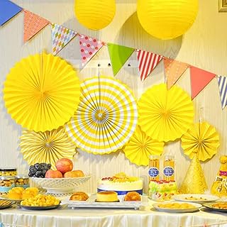 Shopping Mart Set of 6 Paper Hanging Fans Decoration for Birthday Decoration Items for Girls&Boy (Yellow) Price In India