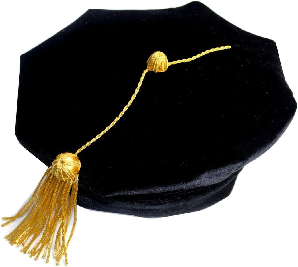 American Doctoral Tam, Black Velvet 8-Sided Doctoral Cap with a Gold Tassel, Men and Women Hat Sizes XS-XL