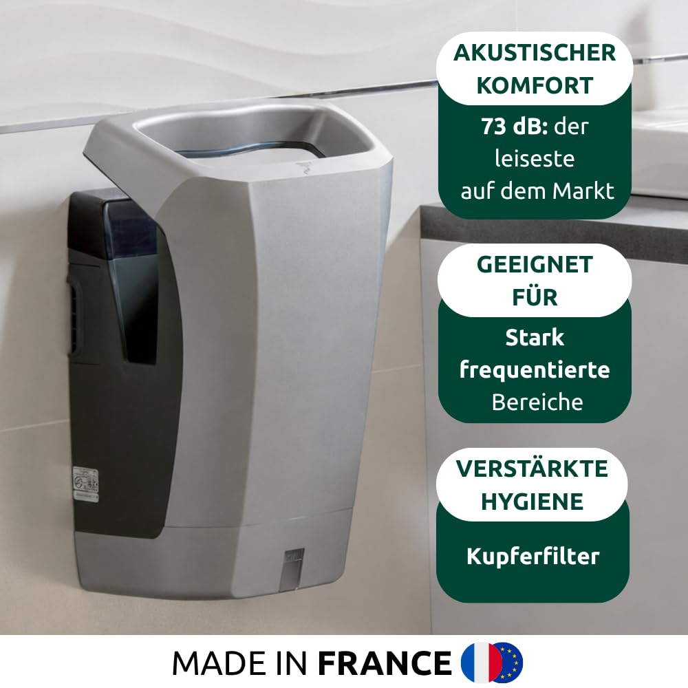 JVD Stell'Air Elektrischer Wand-Händetrockner Grau Leise & effizient Pro - Trocknung in10-15s - Hohe Leistung800 - Wandmontage