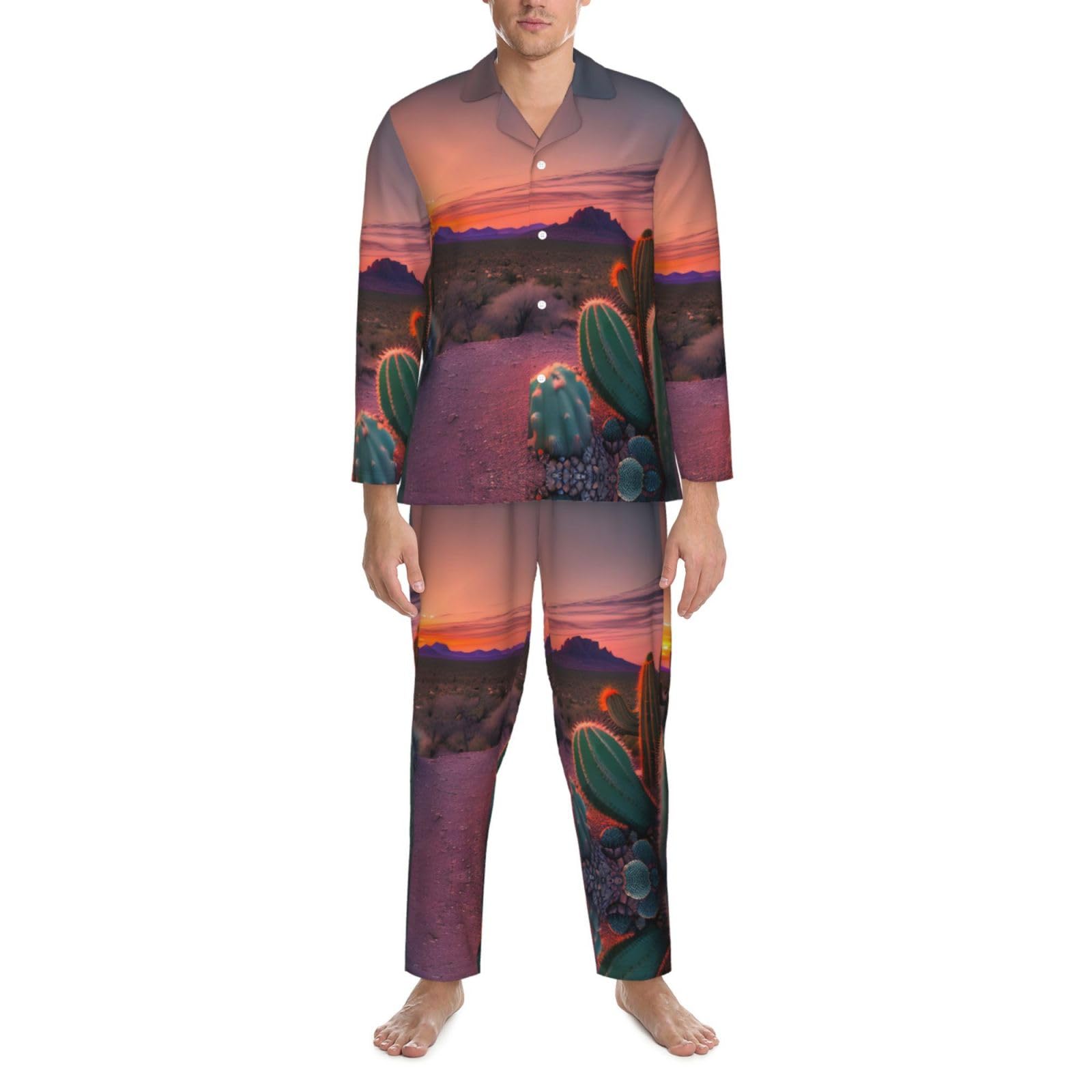 Set di pigiama da uomo morbido a maniche lunghe, motivo cactus desertico tramonto, nero, XL, Nero , X-Large