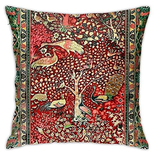 Akame Antique Persian Rug Bird Tree Flowers Throw Pillow Covers Cozy Square Throw Pillowcases Home Decorative For Bed Couch Sofa Living Room Cushion Cover 18'X18', One Size #TOP12