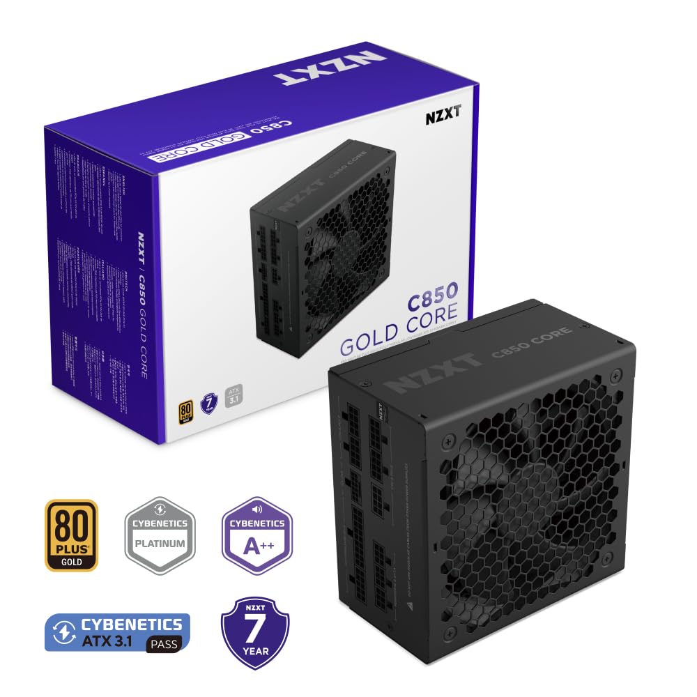 NZXT C850 Gold Core – 850W ATX 3.1 Netzteil – 80 Plus Gold – Cybenetics Platinum – Vollmodular – PCIe 5.1 600W 12V-2x6 – Zero-RPM-Lüfter – 105 °C-Kondensatoren – Schwarz