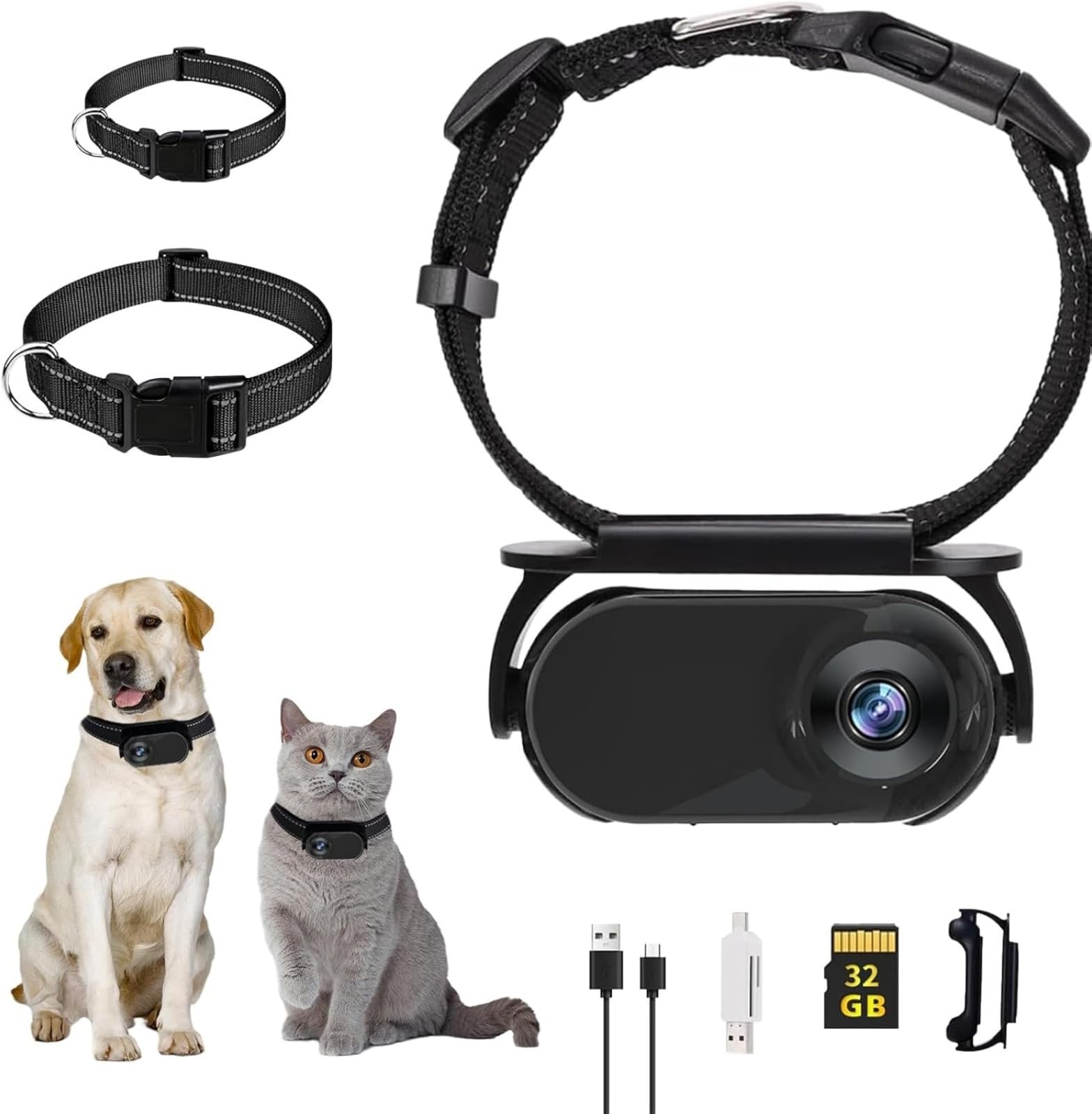 Telecamera da Collare per Cani con Scheda SD da 32 GB, Telecamera WiFi da Collare per Gatti, Telecamera d'azione Senza Fili, Mini Telecamera per Uso Interno ed Esterno