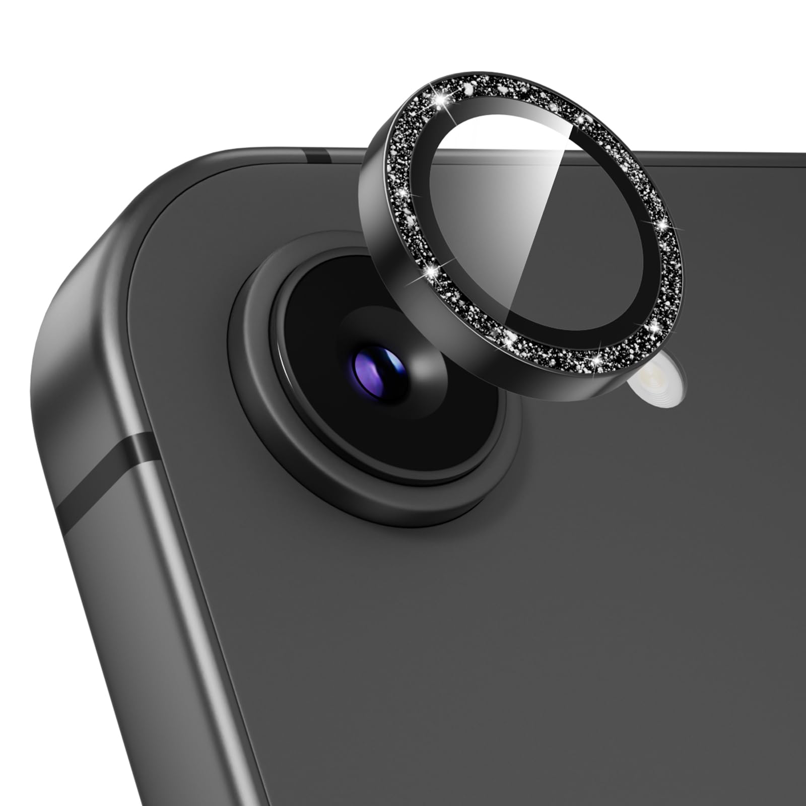 Podick カメラ保護フィルム iPhone 17E / 16E 用 カメラカバー キラキラ 9H強化ガラス アルミ合金 耐衝撃 いphone17E カメラ保護 高透過率 黒縁取り フラッシュ干渉なし 取付ガイド枠付き 貼り付け簡単 アイフォン17E 16E 対応 独立型レンズプロテクター ブラック(17E/16E,Black)