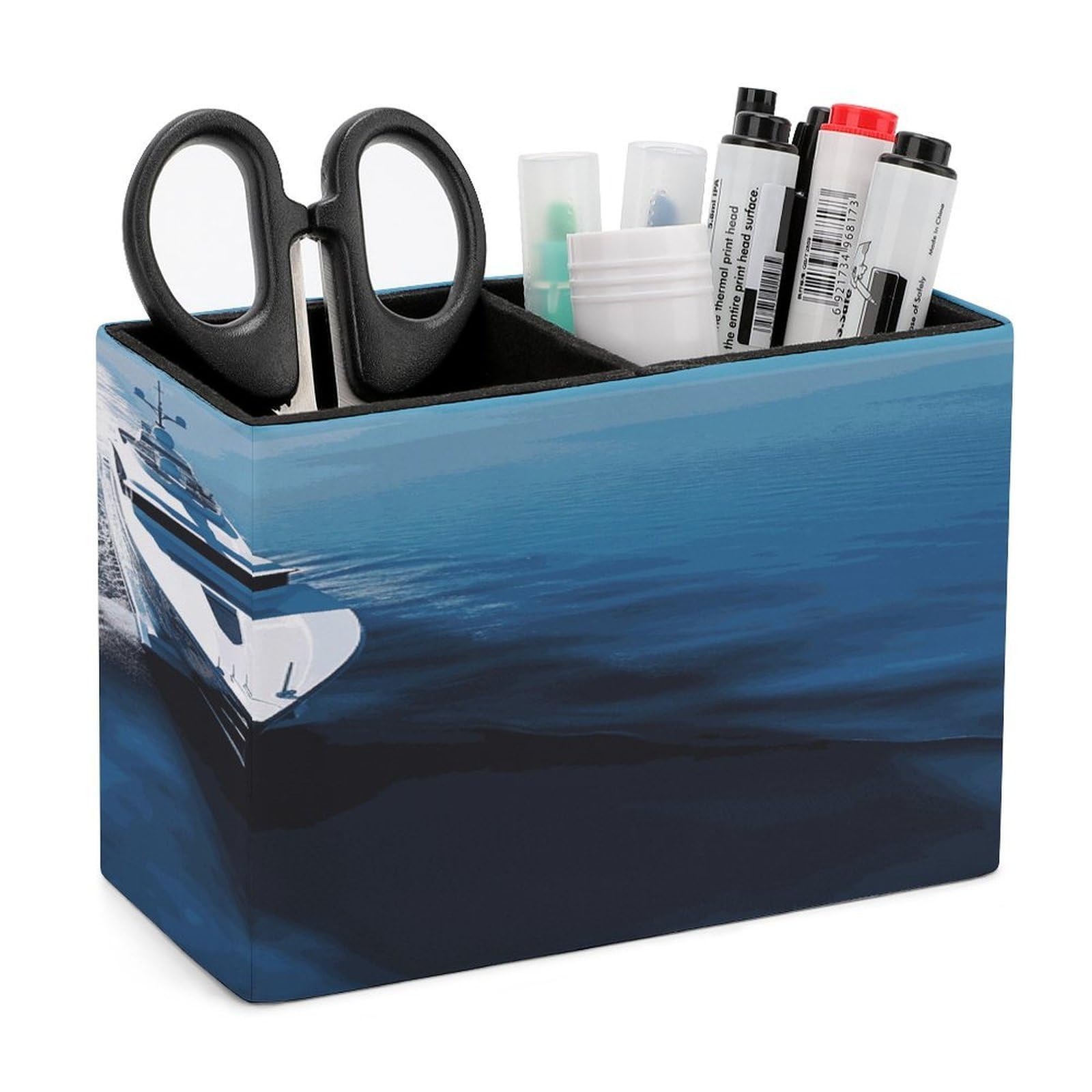 VstaDank Yacht Pencil Holder for Desk(Double Slots) Fashion Leather Pencil Cup Simple Rectangular Shape Pen Holder Multi-Functional Pen Cup for Home Office Supplies Storage