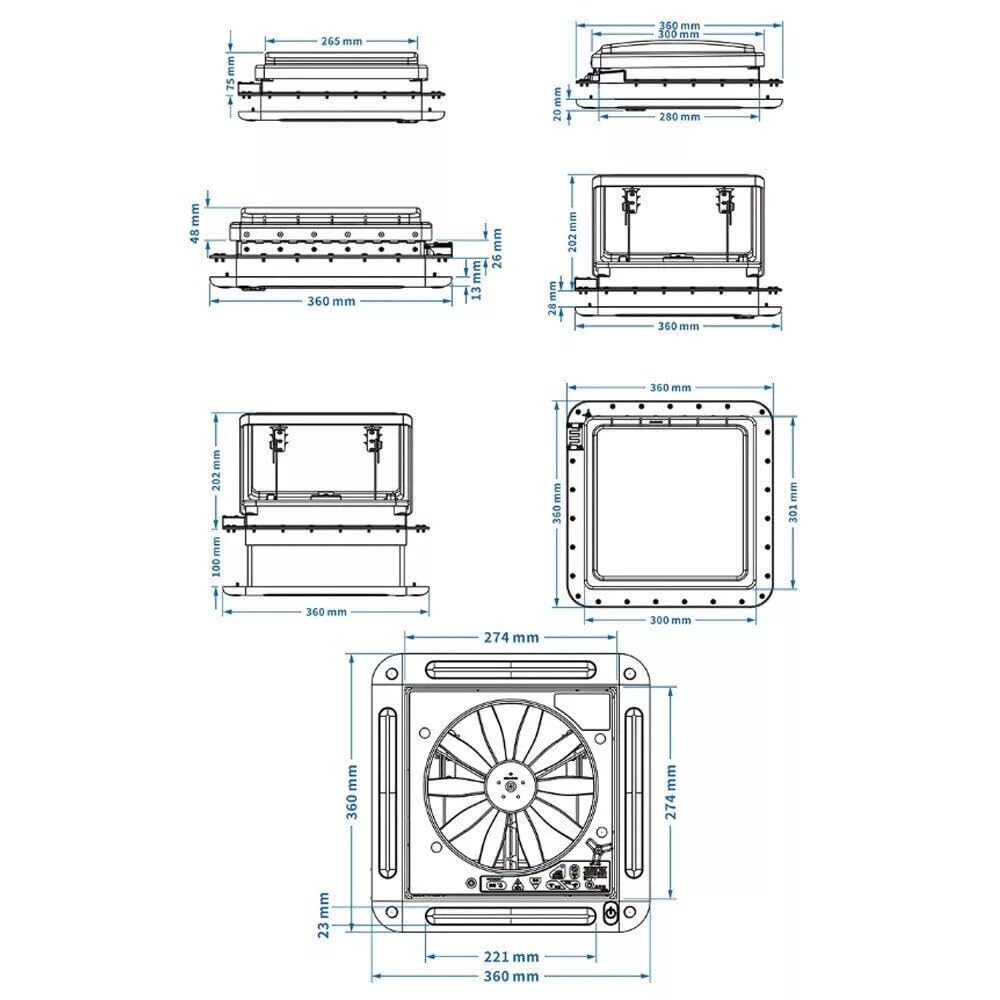 Wentylator dachowy 12V z światłem LED do kampera, wentylator wywiewowy IP68 28x28cm, Cichy wentylator RV 20–65dB, wentylacja do przyczepy kempingowej, wentylator dachowy z oknem 36x36cm do