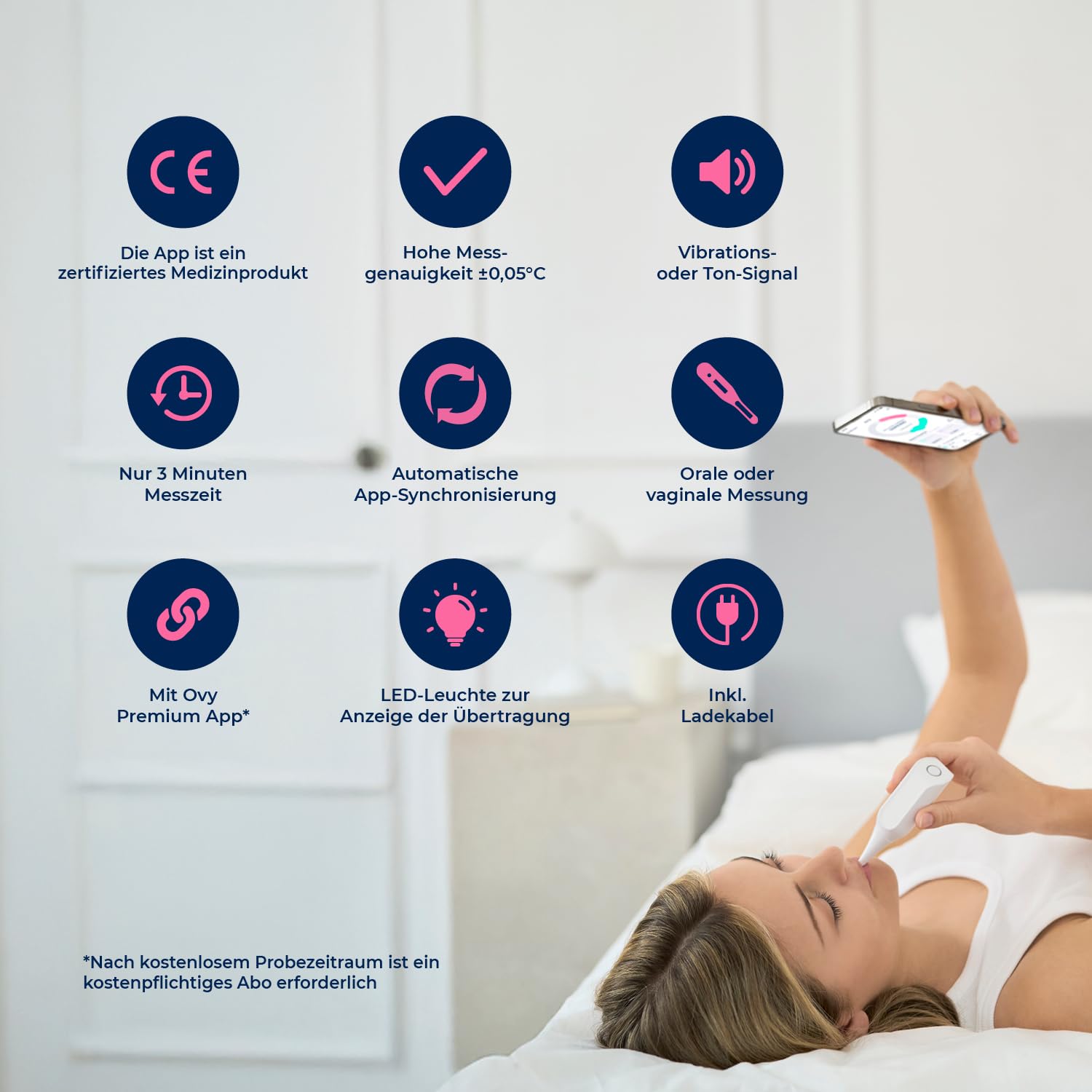 Ovy Termómetro basal Bluetooth con aplicación Ovy certificada por la UE para la prevención sin hormonas y para los deseos de los niños