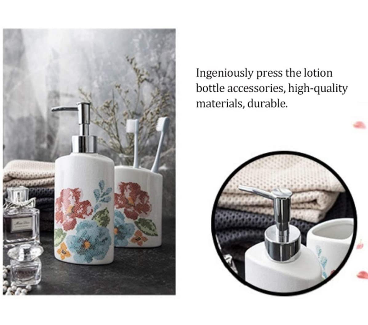 Zestaw 5-częściowych dozowników mydła Ceramic Flower | Łazienka: Zestaw 5-częściowy dozownika mydła w płynie Ceramiczny Kwiat z uchwytem na szczoteczkę do zębów