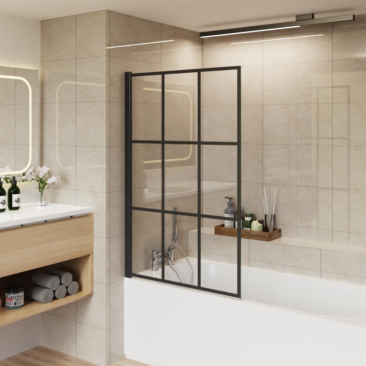 Aquariss 800x1400mm Square Pivot Bath Shower Screen 6mm Easy Clean Tempered Safety Glass Reversible Door Panel Black Grid Aluminium