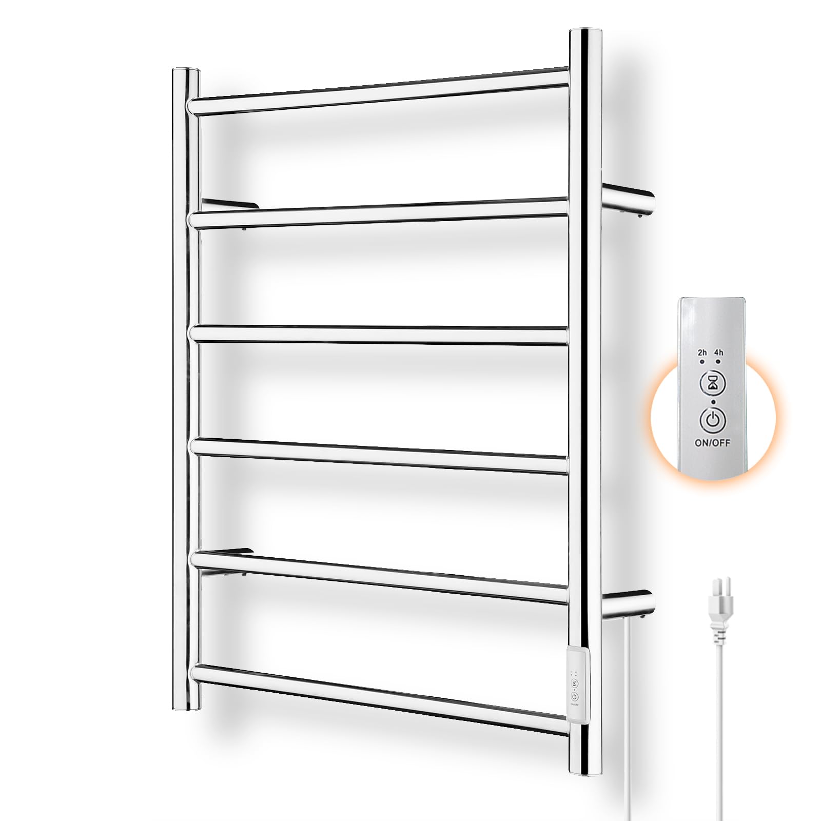 R FLORY 6 Bars Towel Warmer for Bathroom, Wall Mounted Electric Heated Towel Rack with Timer, Plug-in/Hardwired Stainless Steel Towel Heater, Chrom