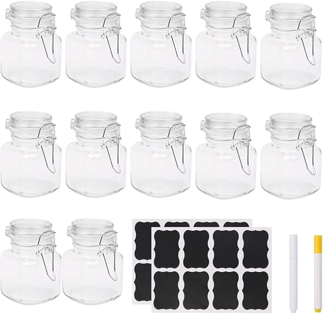 DODUOS 12 PCS Mini Glass Storage Jars, 100ml Mini Glass Jars, Glass Jars with Clip Lids with 24 Labels and Chalk Pens Set, Mini Storage Jars for Herbs Spices Seasoning Jams Preserves