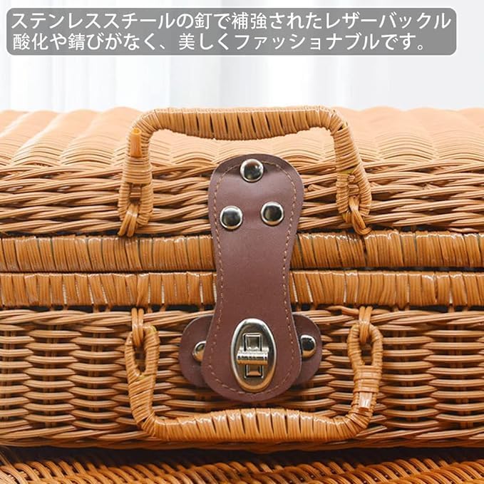 バスケット ピクニック収納バスケット 籠 籐のかご 籐ピクニックバスケット ハンドル付き籐のかご ランチバスケット 【斜め】 ふた