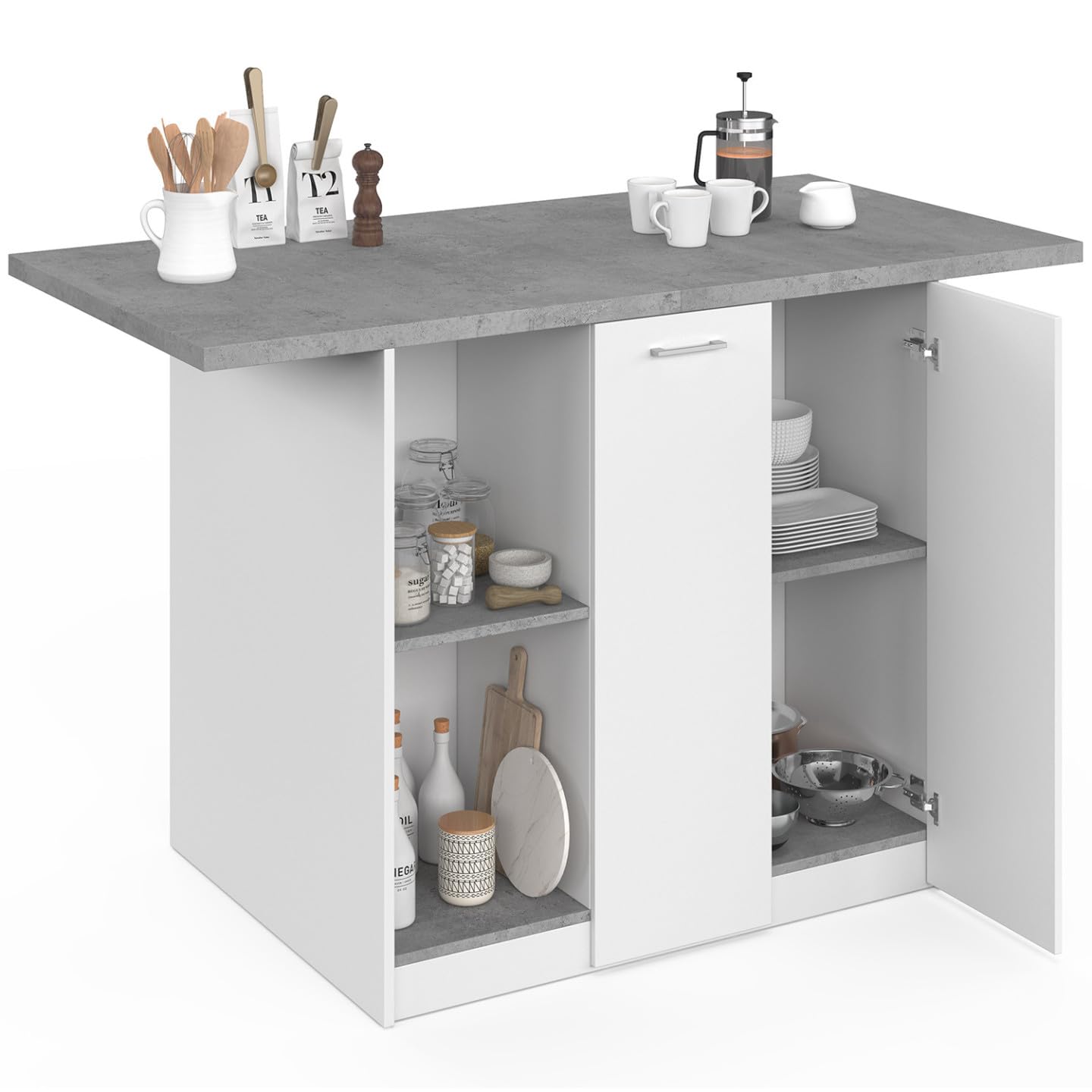 IDMarket - Ilot Central BAO 140 cm 4 Personnes Bois Blanc avec Plan de Travail Effet béton