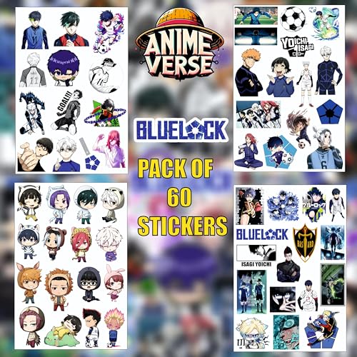 Image of AnimeVerse Pack of 60 Blue Lock Anime Stickers for Laptop, Phone, Guitar, Bike, PC, | Waterproof Glossy Vinyl Decals | Residue-Free Anime Stickers Collection (Blue Lock)