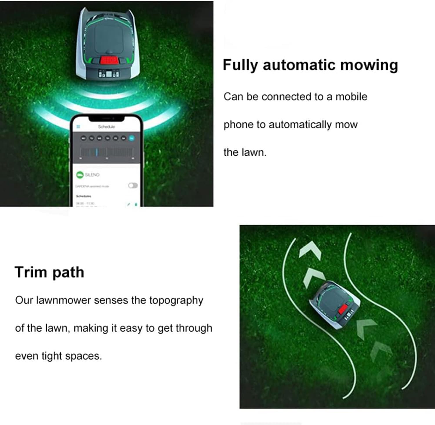 Robot cortacésped con navegación asistida por GPS, ultrasilencioso, control de aplicaciones por Bluetooth, planificación de rutas, carga automática