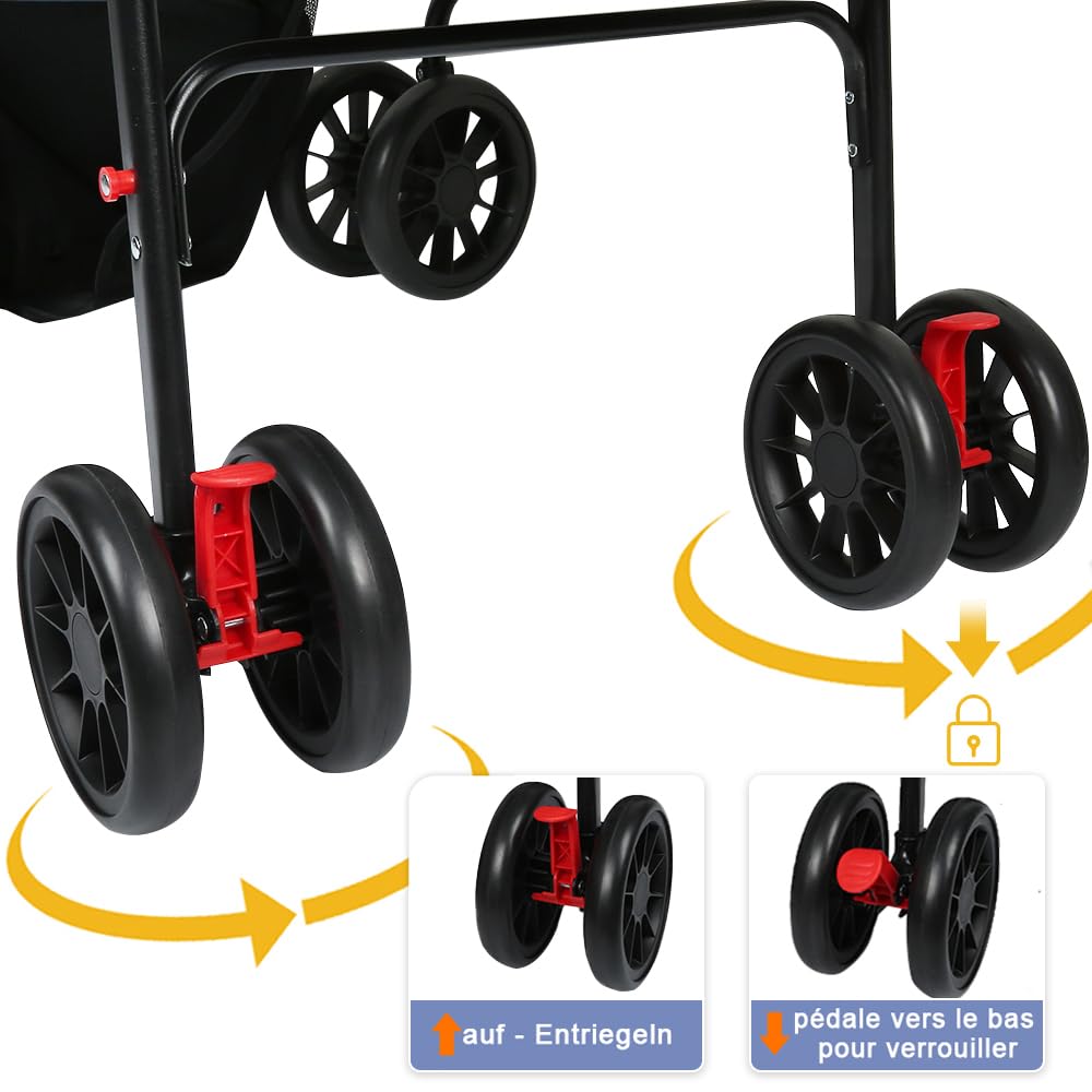 OHMG 3 en 1 Poussette buggy pliable animaux chariot pliante chien chat porte-gobelet panier de rangement inclus roues avec frein tissu 600D Oxford acier,Jusqu'à 40 kg,98 * 67 * 46cm-Noir