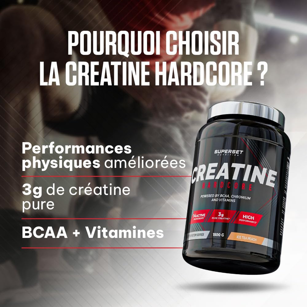 Superset Nutrition - Creatine Hardcore (1,5kg) - Poudre soluble - 3g de créatine monohydrate par dose, BCAA, Glucides - Récupération optimale et puissance - Adaptée aux sports intenses - Tropical