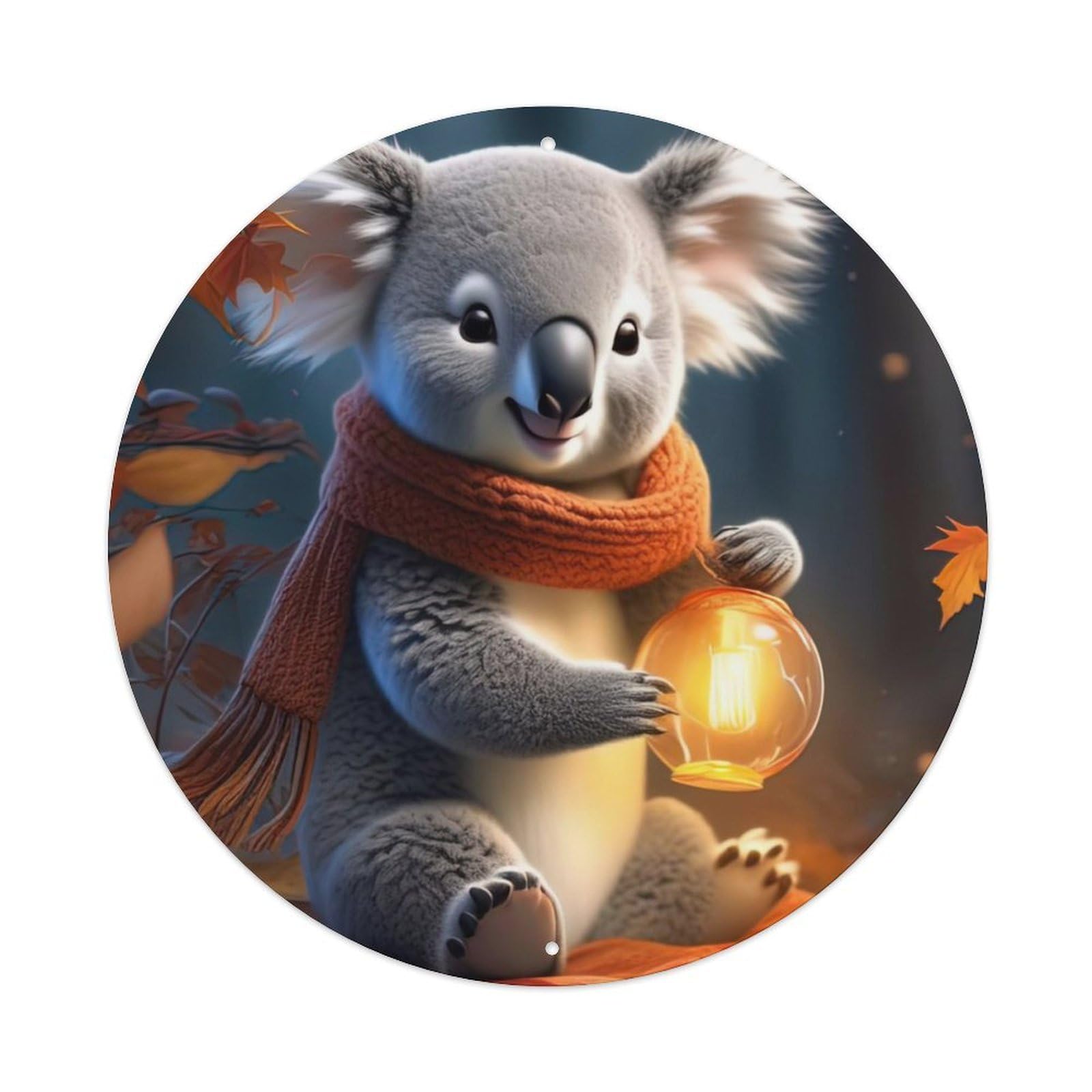 Wildlife Artwork Koala Wearing Scarf Vintage Metal Tin Sign Plaque Wall Decor for Cafe, Club, Garden Round Metal Poster 8x8Inch