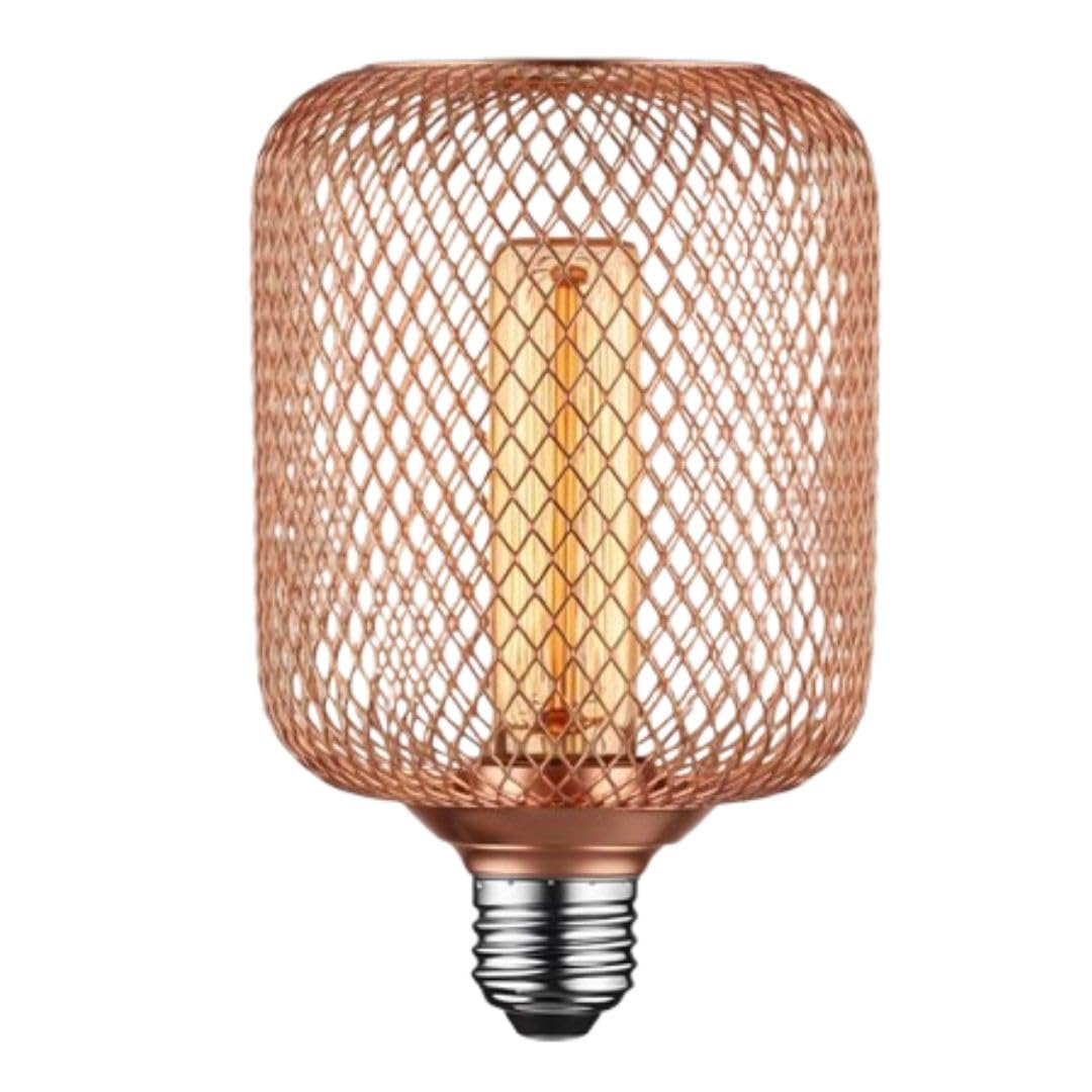 DC VOLTAGE Decorative Light Bulb Rose Gold Metal Cage Cylinder LED E27 Base 5W (Equivalent 50W) Dimmable 2200K Warm White Vintage Edison Home Kitchen Restaurant Lighting - 230V (Energy Class A+)