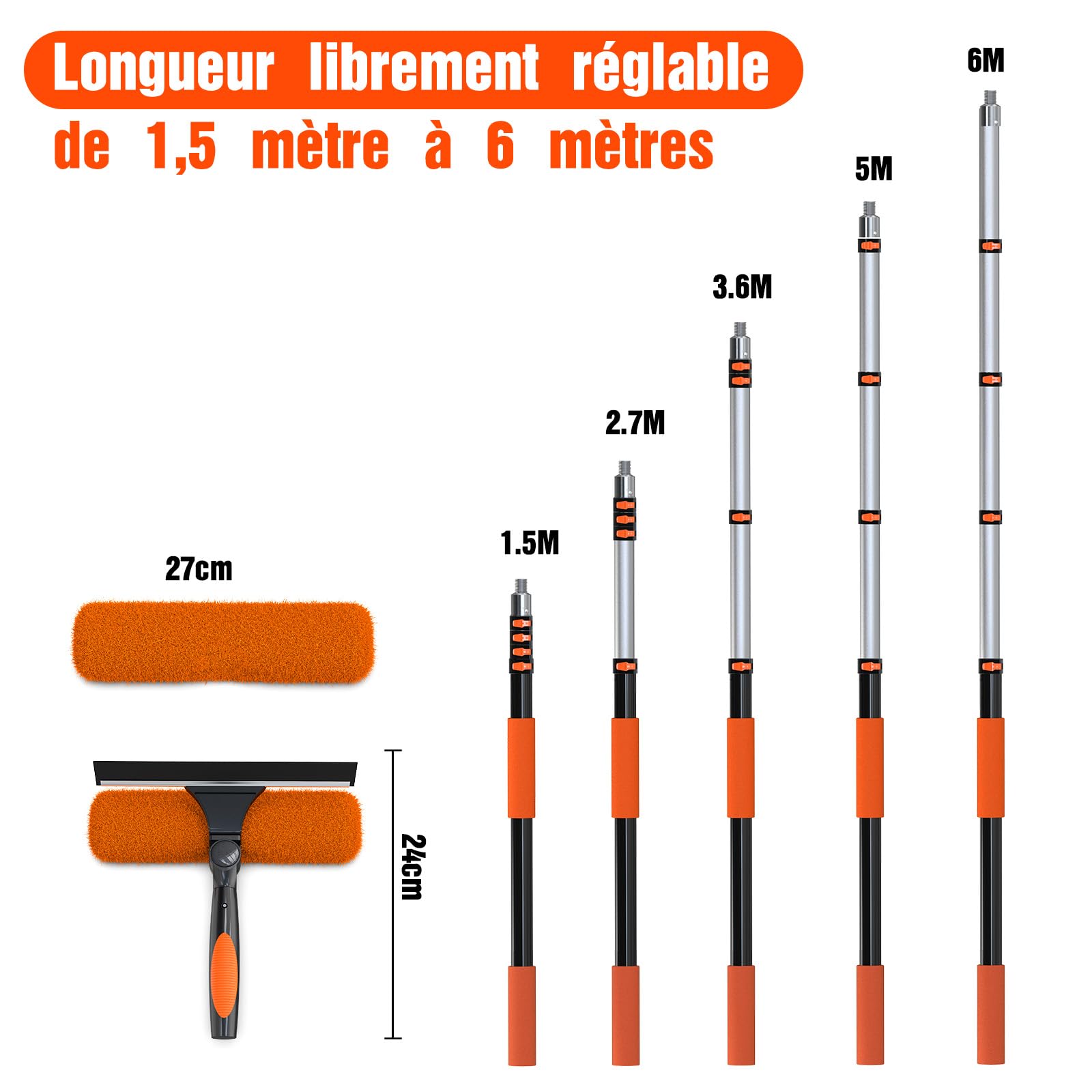 LAANPOLE 6m Raclette Vitre avec Manche Telescopique, 2-en-1 Raclette Vitre Professionnel, Lave Vitre Telescopique pour la Maison avec Perche Telescopique 1,5-6m pour Usage Interieur et Exterieur