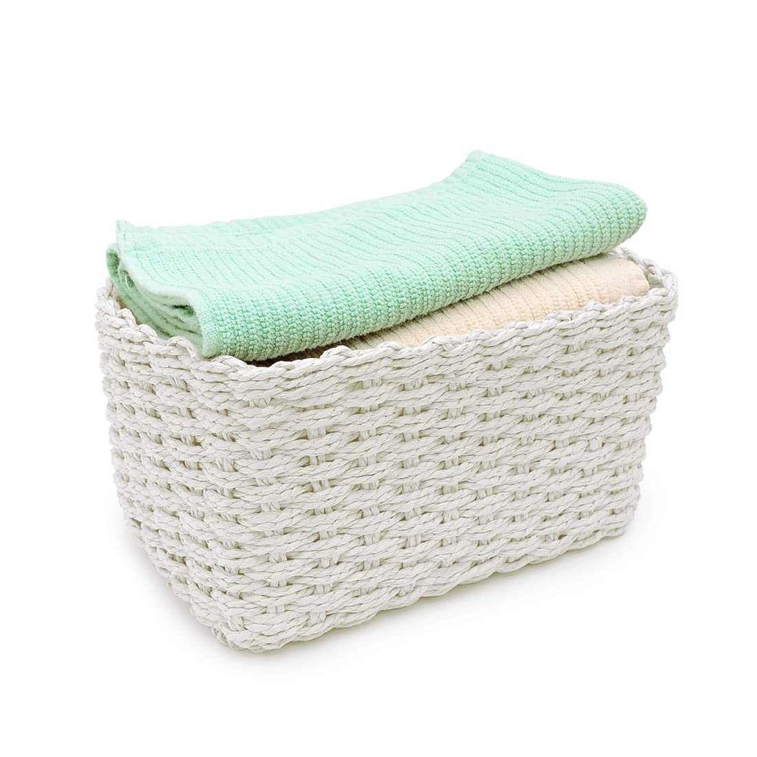 EZOWare Small Woven Paper Rope Storage Baskets, Set of 6 Soft Rectangular Decorative Container Box Bins for Baby, Kids, Closet, Nursery Room, Baskets for Gifts Empty - White, 3 Sizes