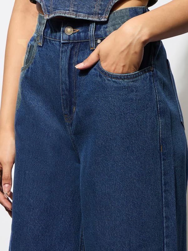 Image of barcino Navy High-Rise Stitch Detail Straight Jeans
