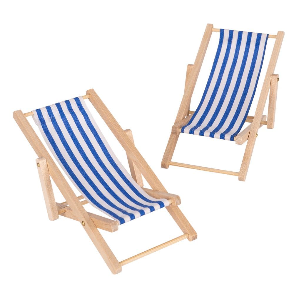 Ideen mit Herz | Miniature Deck Chair | Mini Folding Chair | Foldable Decorative Beach Chair | Dollhouse Furniture | Pack of 2 (Blue/White Stripes)
