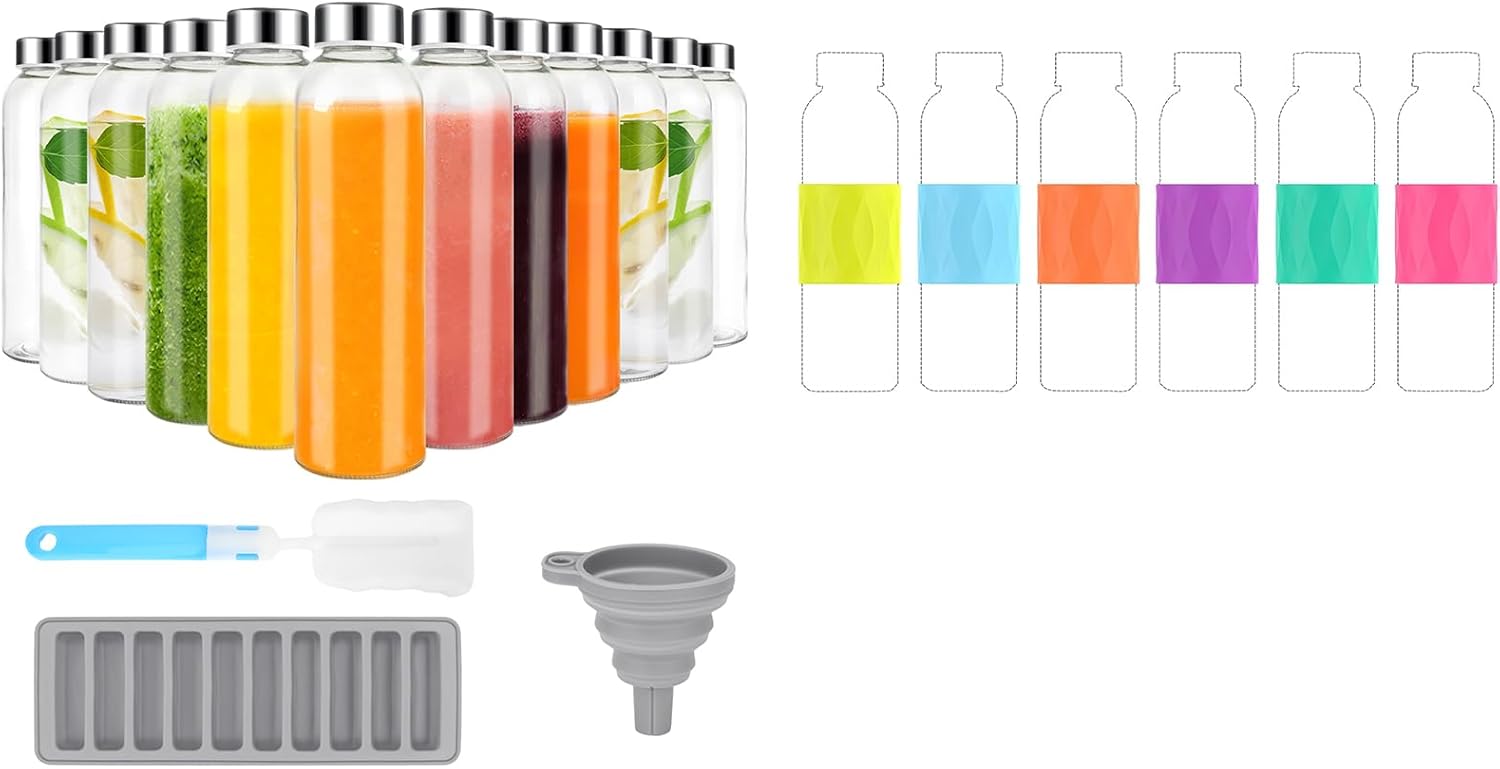 Zukro Glass Juice Bottles 18 oz 12 Pack with Silicone Sleeves 6 Pack, Leak-Proof Clear Juicing Bottles Reusable with Airtight Stainless Steel Lids, Easy to Grip Water Bottles