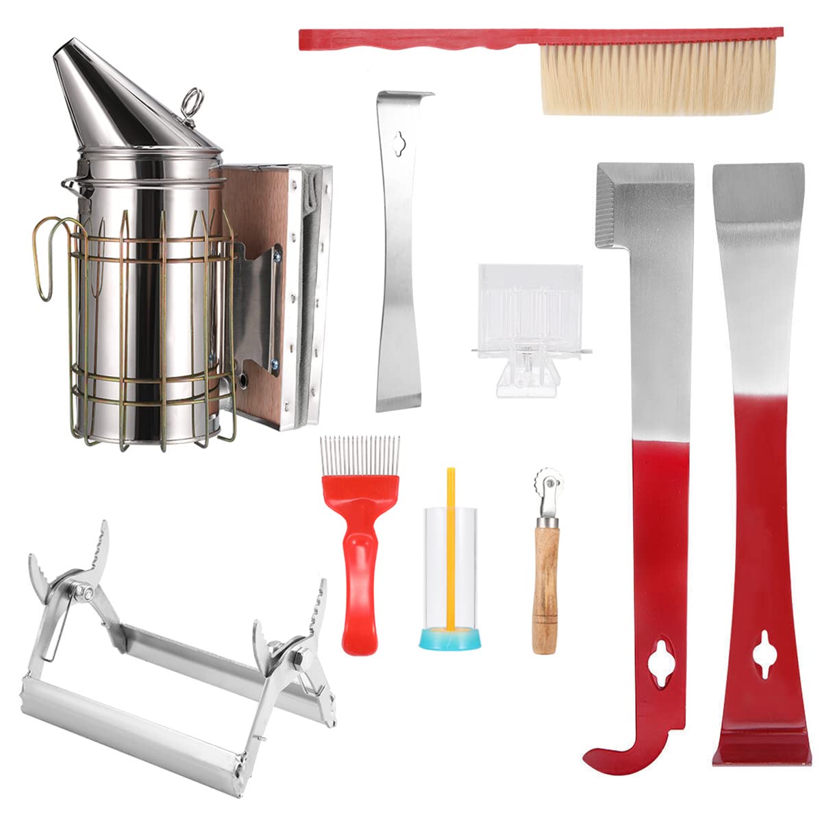 Yuekuntj Red 10Pcs Beekeeping Tool Kit Bee Farming Equipment Beehive Starter Tool Honeybee Bee Keeping Tools With Bees Smoker Brush Bees Catcher Hive Tools For Beginners Professional Beekeepers
