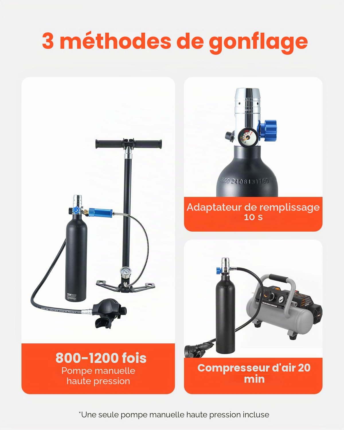 VEVOR Bouteille de plongée Portable de 1 L, Bouteille d'oxygène avec Pompe, pour Respiration 15-20 Minutes, Profondeur de plongée de 30 m, réservoir d'air Rechargeable pour Exploration sous-Marine
