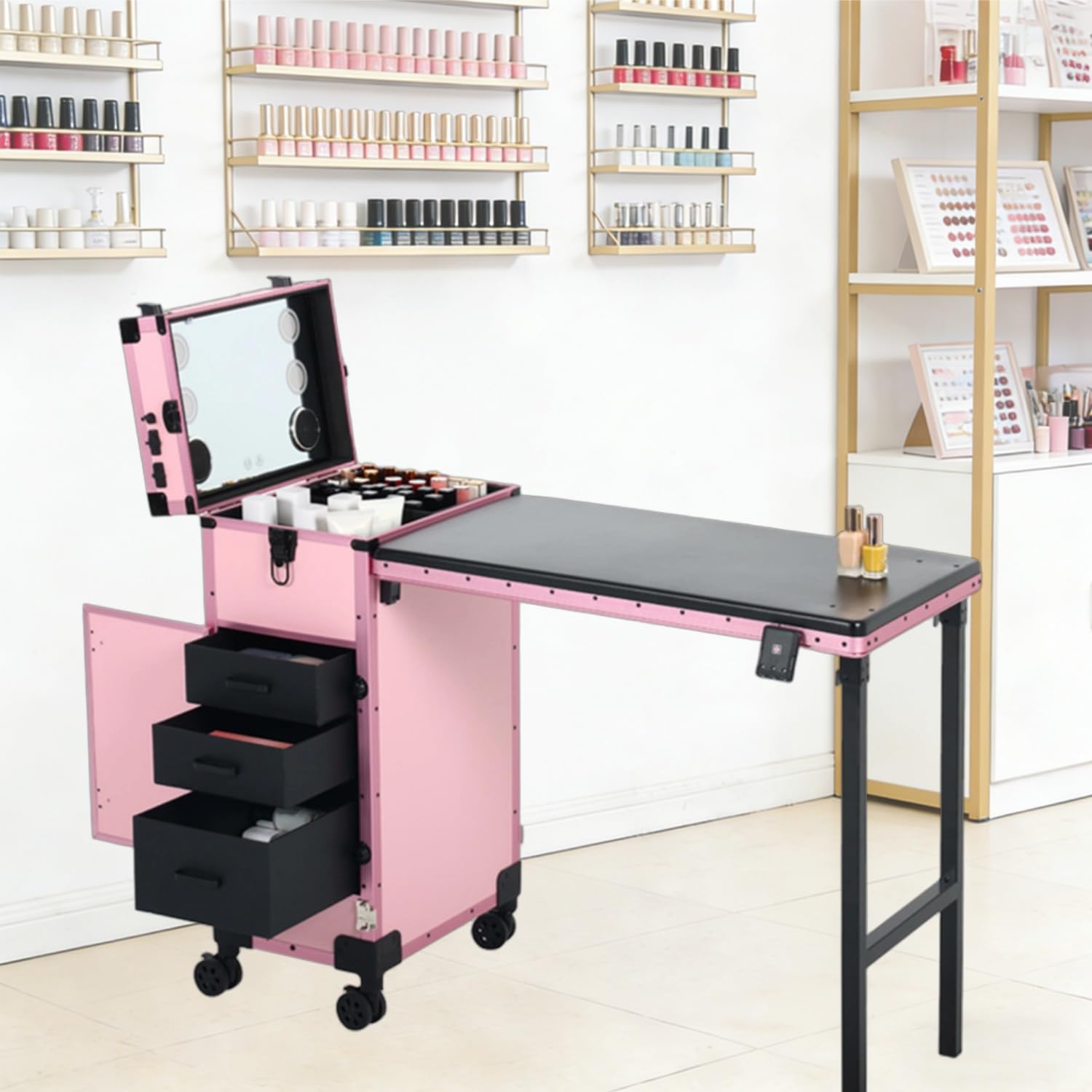 Tavolo per Manicure su Ruote, scrivania per Unghie Pieghevole con Ruote e Maniglia, Tavolo per Manicure per onicotecniche, Valigetta per Trucchi con Chiusura a Chiave,Rosa