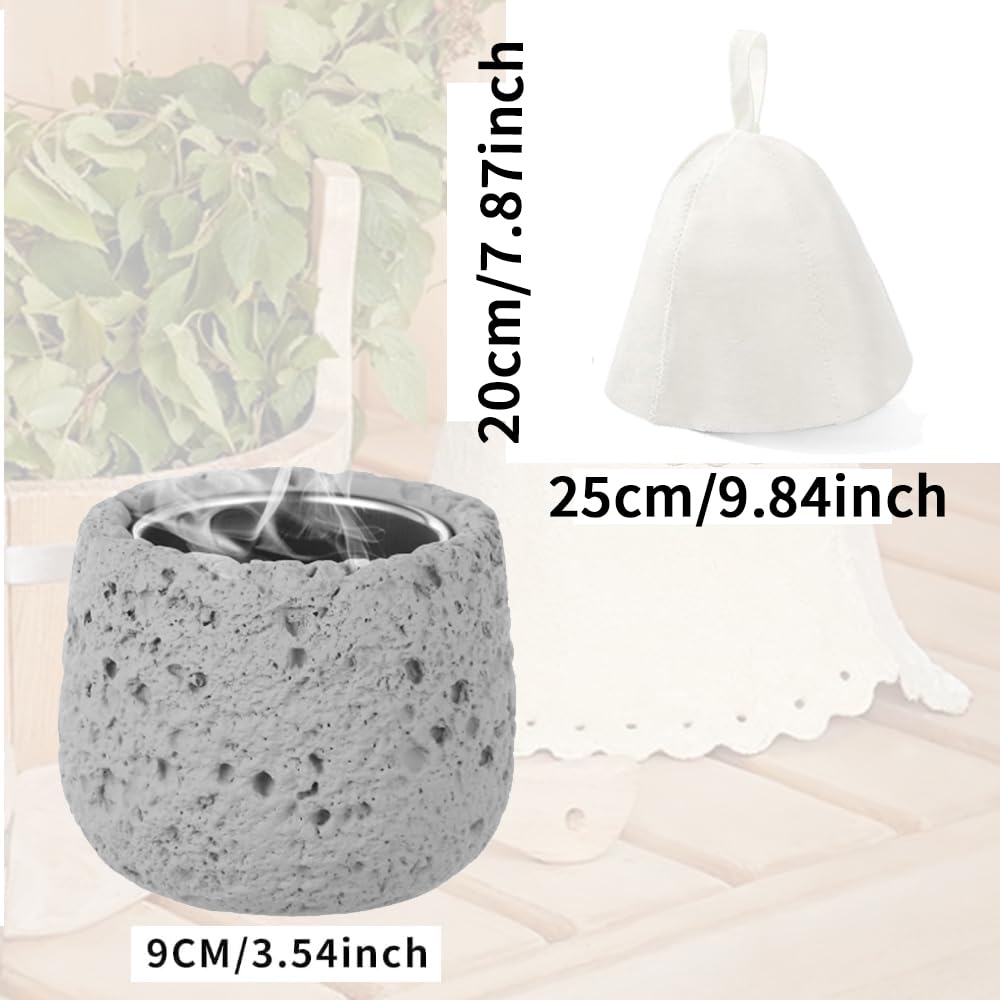 Sauna Aromatherapie Steinbecher mit 2 Dampfhüten, runder Ölhalter Aroma Duft ätherisches Öl Sauna Zubehör mit Edelstahlschale für Spa