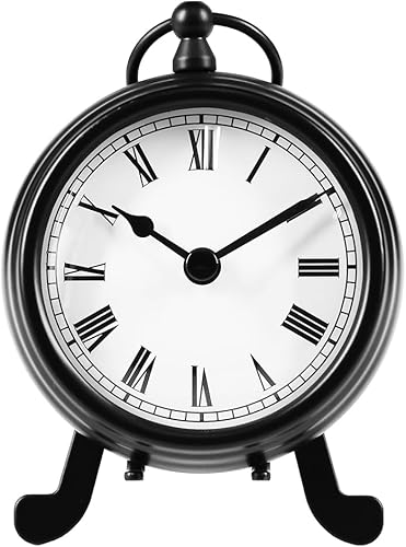 BESTIME AM-07 Reloj de escritorio de metal negro. Pequeño y exquisito, esfera blanca fácil de leer, números negros, interior, elegante, estilo