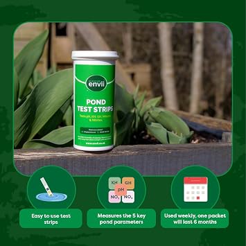envii Pond Test Strips, 5 in 1 Pond Water Test Kit - Testing for pH, KH, GH, Nitrates and Nitrites for use in Garden Ponds, Fish Tanks, Aquariums - 25 Strips
