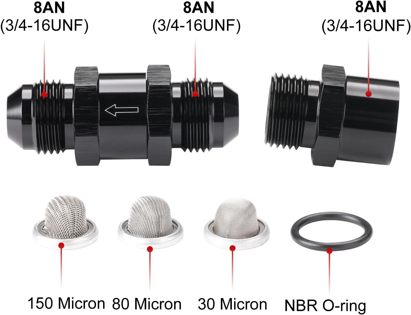 8AN Inline Fuel & Oil Feed Filter Set with 30 80 150 Micron Elements Aluminum Black