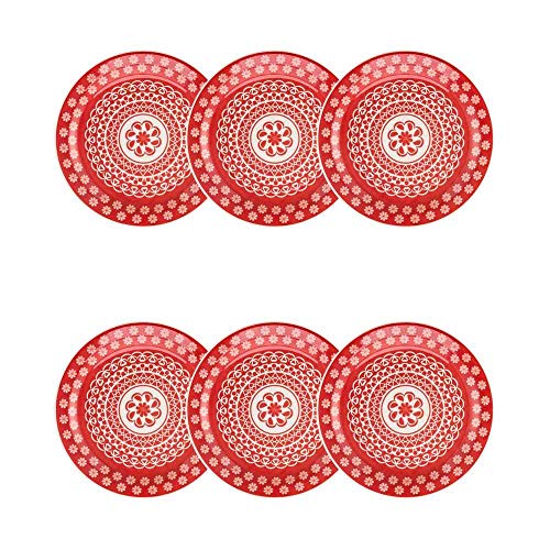 1 Conjunto com 6 Pratos de Sobremesa Oxford Daily Floreal Renda Branco/Vermelho 20 Cm