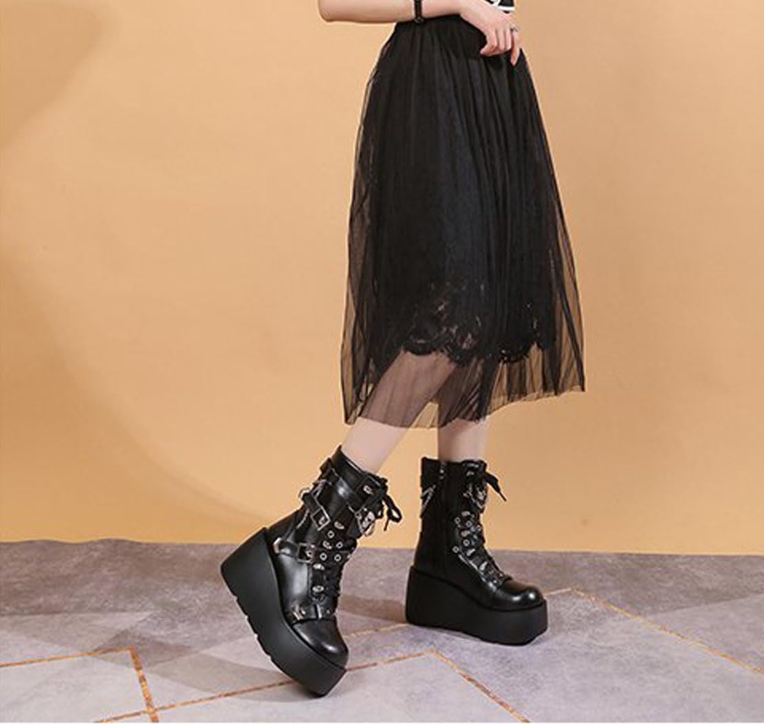 Ulalaza Women's Goth Platform Ankle Boots with Bat Wing Buckles Chunky Block Heels Round Toe Zipper Punk Motorcycle Combat Boots Comfy Short Gothic Booties