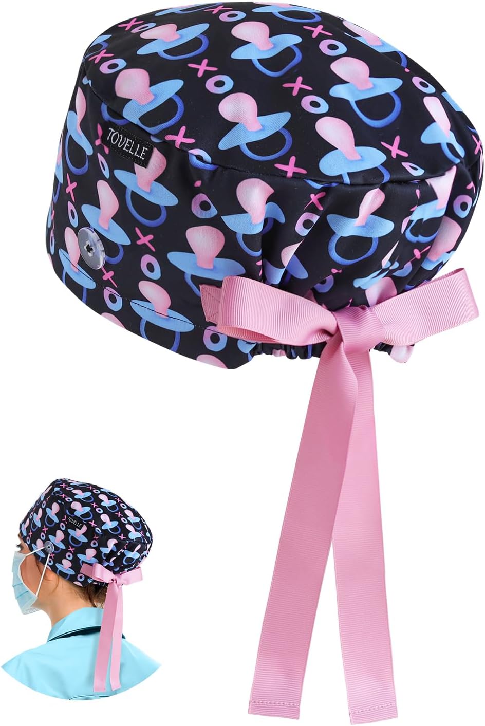 Black Labor & Delivery Euro Style Scrub Caps for Women and Men with Buttons, Adjustable Head Cover with Ribbons, Cute Surgical Hat to Secure Long Hair and Helps Reduce Static Buildup