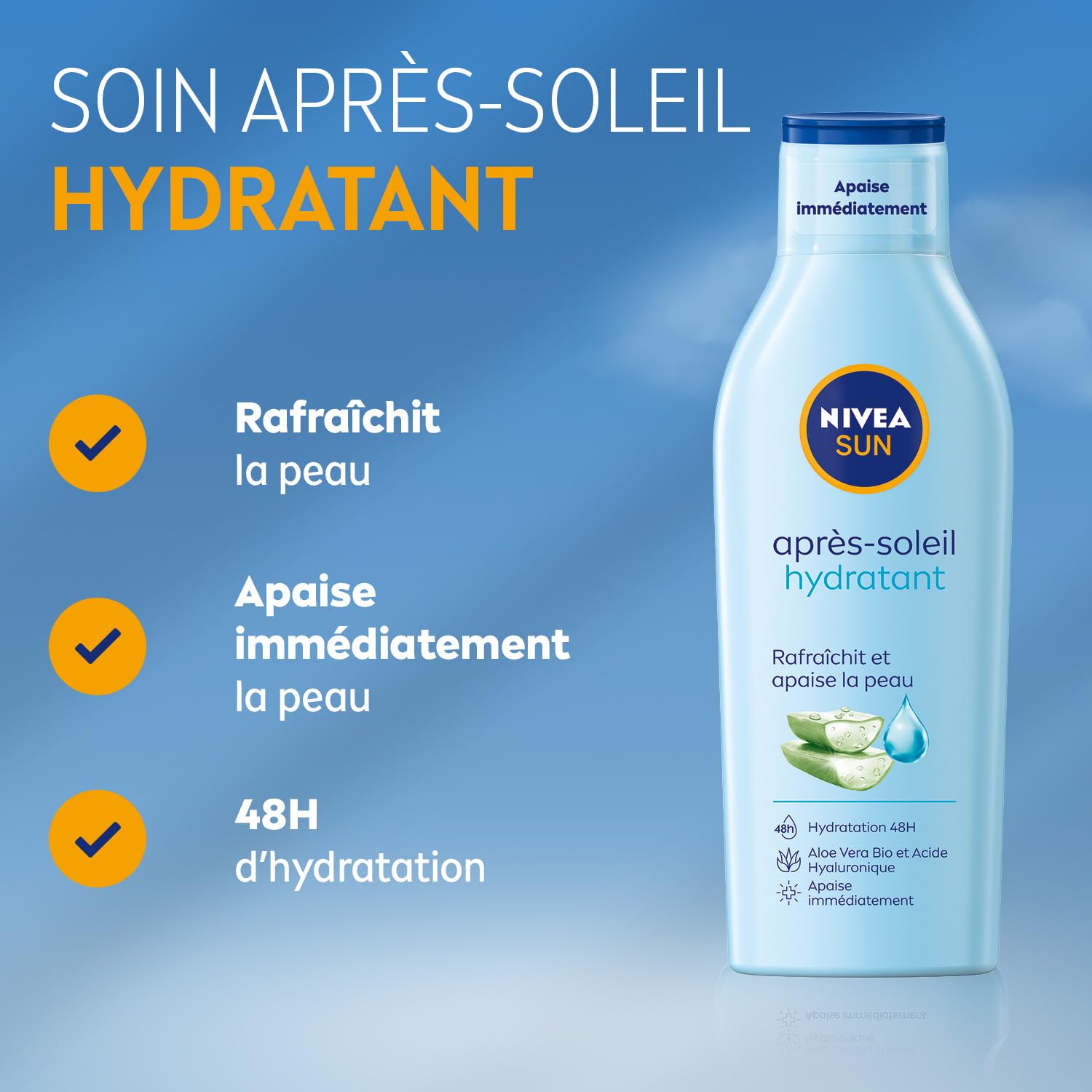Le Lait Après-Soleil Hydratant 48H de NIVEA SUN, une formule légère pour apaiser et hydrater votre peau après l'exposition au soleil.
