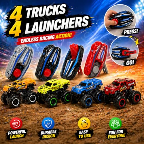 Image of PLUSPOINT Monster Truck Toys for Kids - 8 Pack Big Wheel Off-Road Die-Cast Metal Trucks with 4 Launchers, Free Wheel Cars for Boys Girls Ages 3-7, Birthday Gift Set