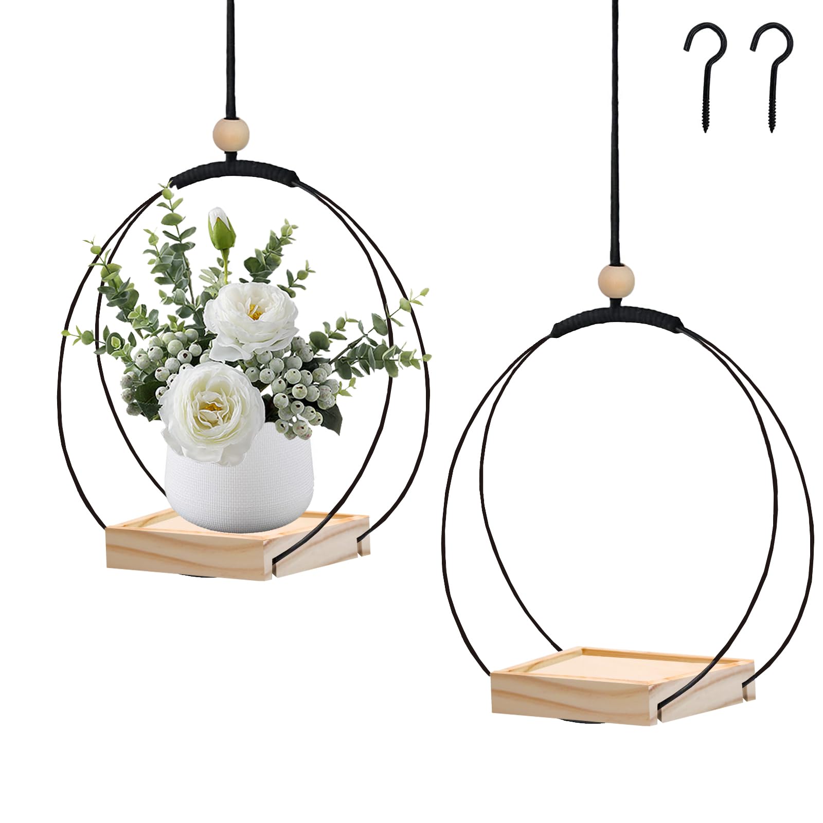 CLQ 2Pcs Hanging Planters for Indoor Plants, Black Hanging Planter with Wood Base, Modern Boho Plant Hanger for Indoor, Hanging Wall Ceiling Window Home Decor (Plants/Pots Not Included)