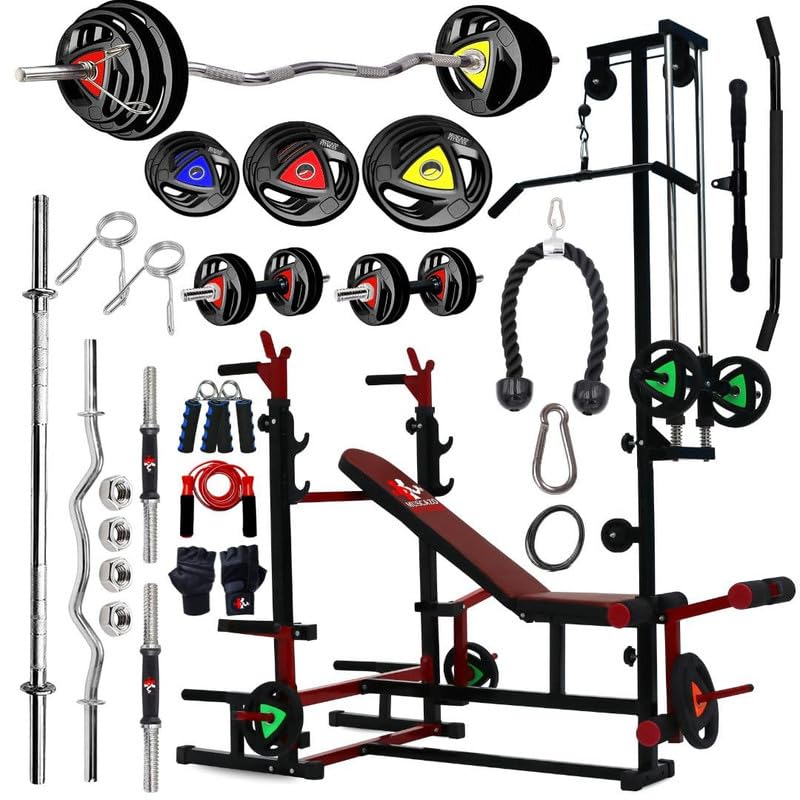 20-in-1 Home Gym Bench Pro Set with 30kg Rubber-Coated Weight Plates | Includes Curl Rod, Straight Bar, Dumbbells, Skipping Rope, Hand Gripper & Gloves | Full Body Workout & Strength Training Kit-image-5