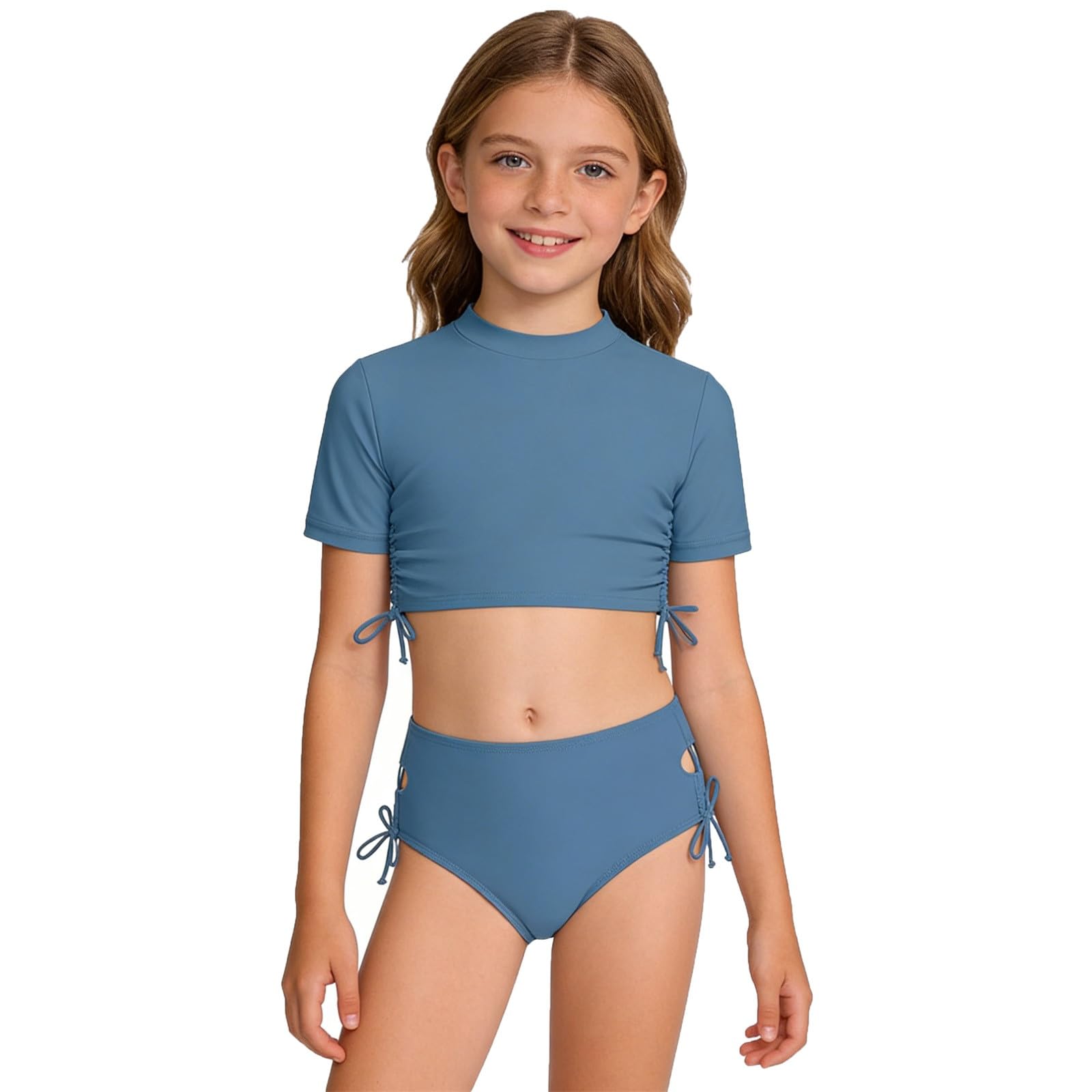 Maillot de bain fille deux pièces pour filles 6-14 ans, haut court à manches courtes et slip assorti, design sportif, tissu anti-uv, parfait pour la natation et les activités aquatiques