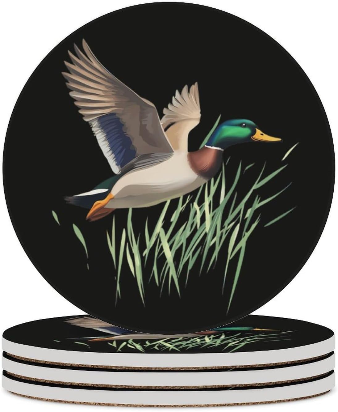 Mallard Duck Flying Funny Round Ceramic Coasters for Drink Absorbent Cup Holders Tabletop Protection