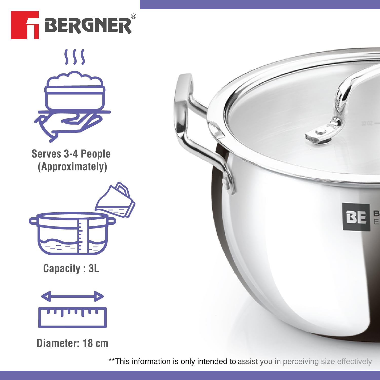 Bergner BE Essentials TriPly Stainless Steel 18 cm (3.2 L) Rice Handi with Glass Lid, Medium Size Rice Handi, Even Heat Distribution, Non-Toxic, Healthy, Less Oil Use - Induction and Gas Stove Ready 3