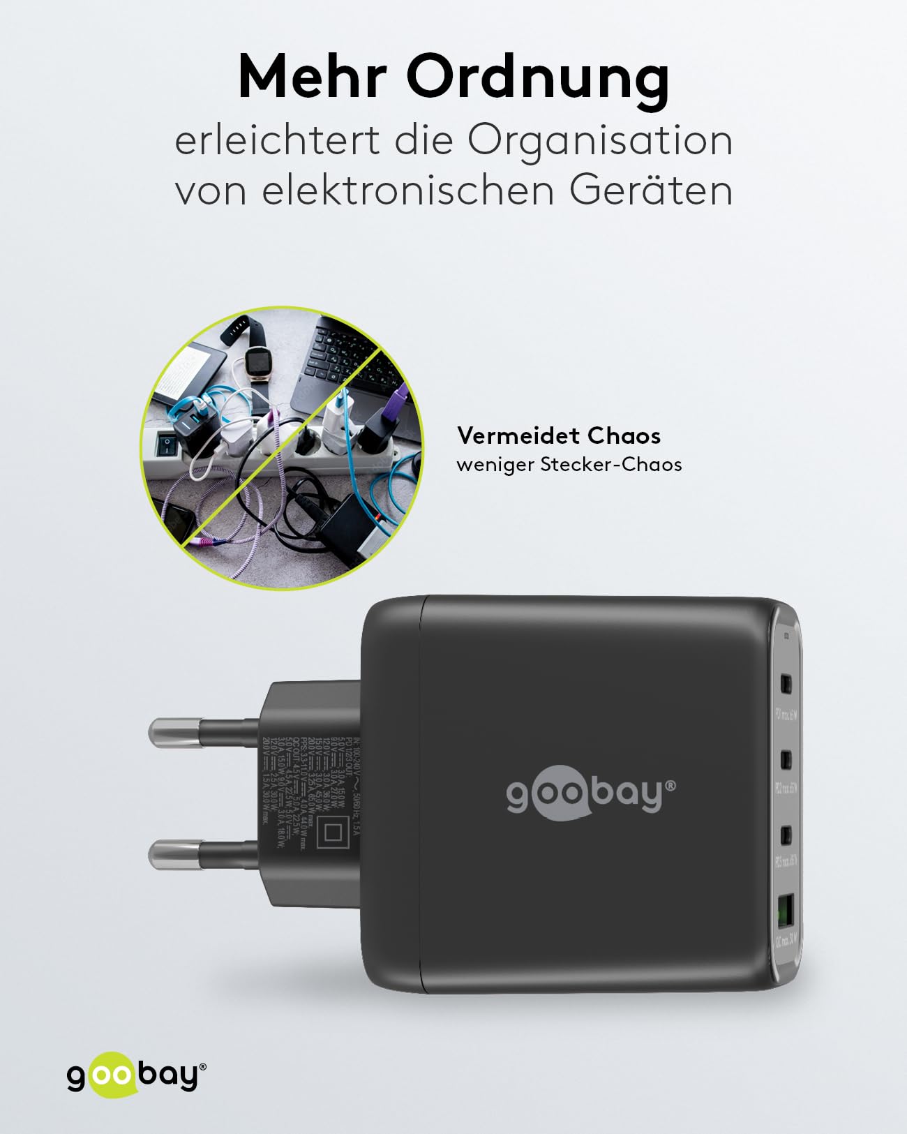 goobay 64819 USB-C PD 4-Fach Multiport Schnellladegerät (68W) / 1x USB-A 3X USB-C Eingang/Power Delivery/Netzteil für Ladekabel vom iPhone und Anderen Handys/Handy Ladegerät/schwarz