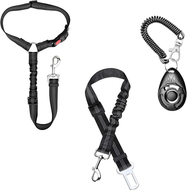 Dog Car Seat Belt,Headrest Dog Car Seat Belt,Adjustable Dog Car Lead Restraint Seat Belt,With Dog Training Clickers,Elastic Bungee Buffer Dog Car Safety Harness,Pet Travel Accessories