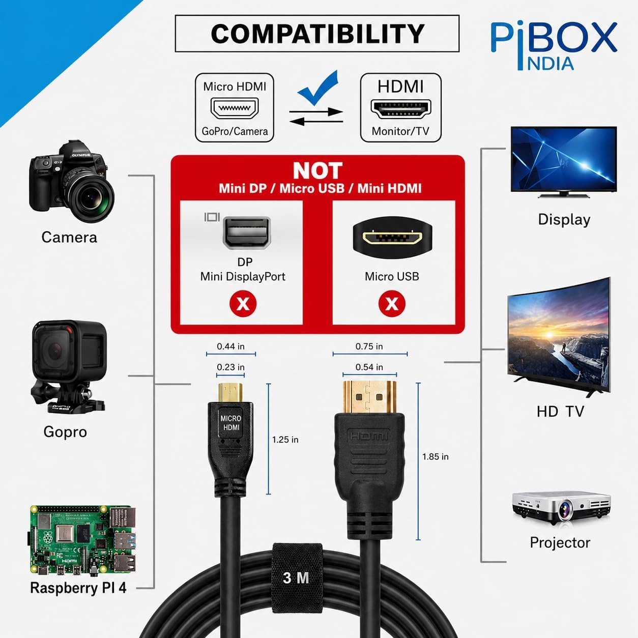 PiBOX India,Micro HDMI to HDMI Cable,4K 60Hz,1.5Mtr 5ft,Adapter Ethernet Audio Return Compatible for Raspberry Pi 4 RPI,Pi 400,GoPro Hero 7,Sony A6000 A6300 Camera,Nikon B500-NOT MINI DP/NOT MICRO USB — Amazon image 5
