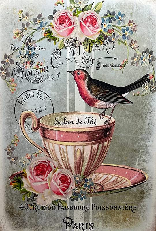 Shabby Chic Wall Decor,Bird And Teacup And Pink Roses,Cottage Style Sign Garden Restaurant Cafe Home Wall Decor Art Tin Sign Vintage 12x16 Inch